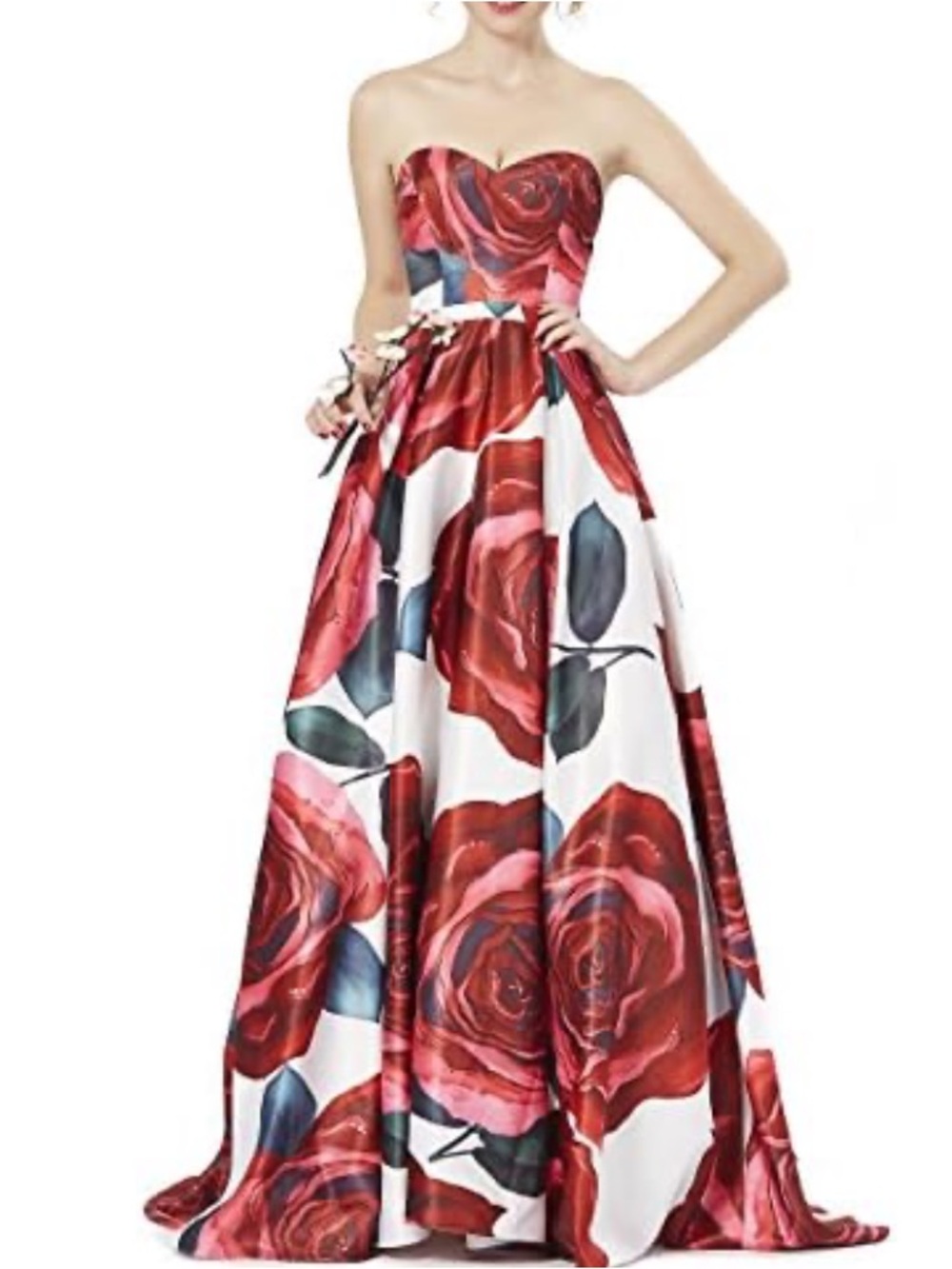 Loviera Sweetheart Satin Rose-Print Ball Gown Dress - Red & White 4 - Picture 2 of 2